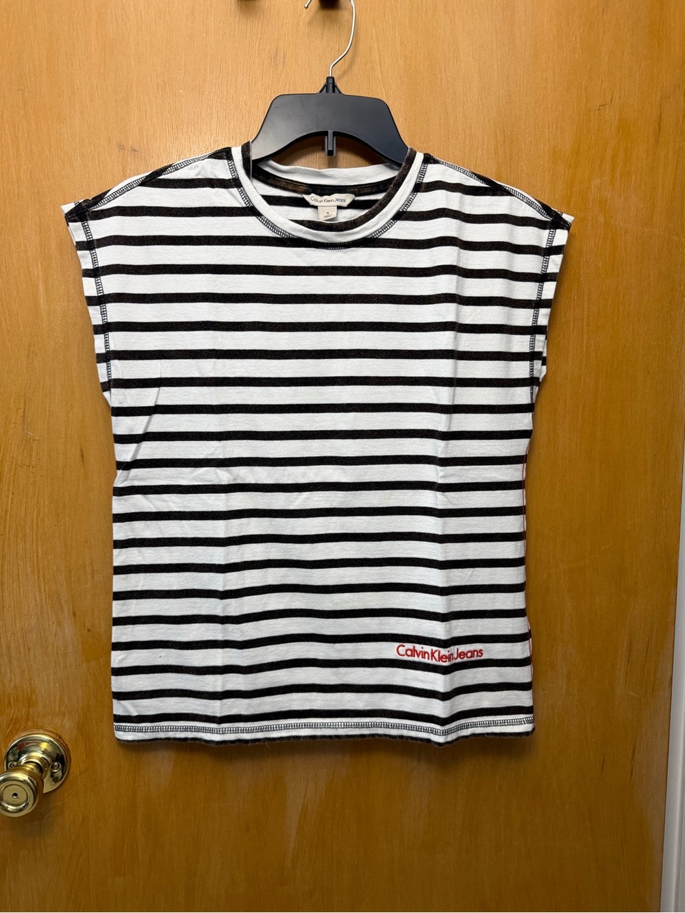 Calvin Klein Jeans White Tee with Brown Stripes and Blue Logo